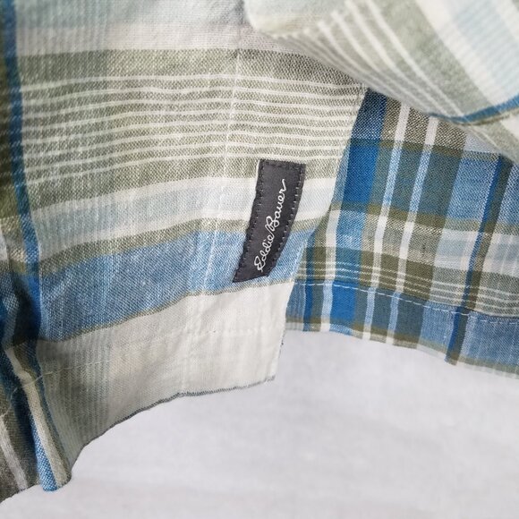 Eddie Bauer Camp Shirt Men's XXL Plaid Short Sleeve Button Up Blue Linen Cotton - Picture 10 of 16